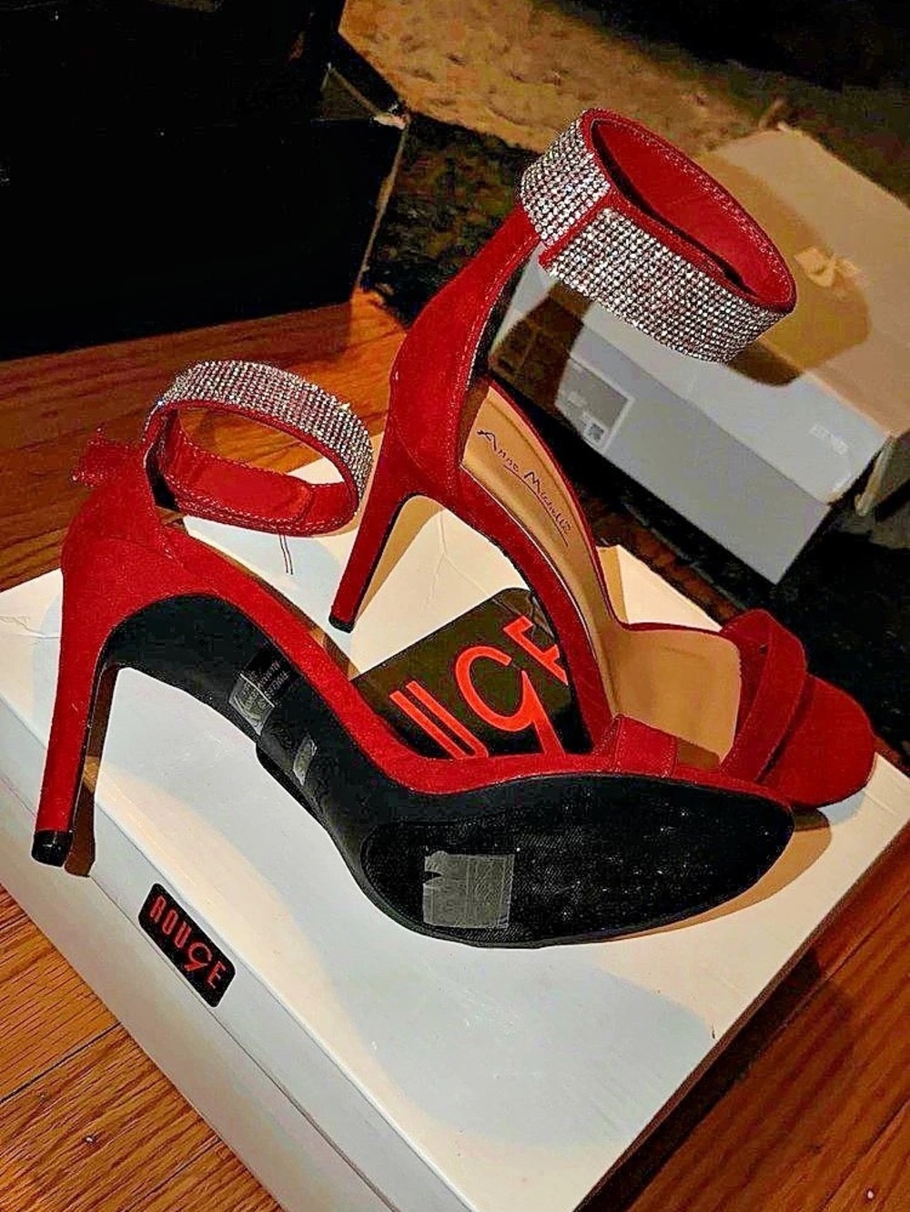 Rouge Helium Rhinestone Strap Heels in Red & Black Like New